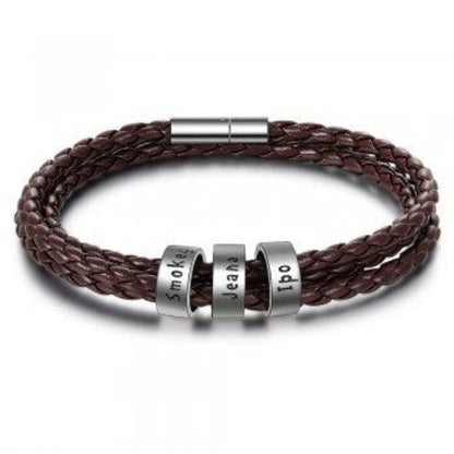 Personalized Mens Braided Genuine Leather Bracelet Stainless Steel Custom Beads Name Charm Bracelet For Men With Family Names