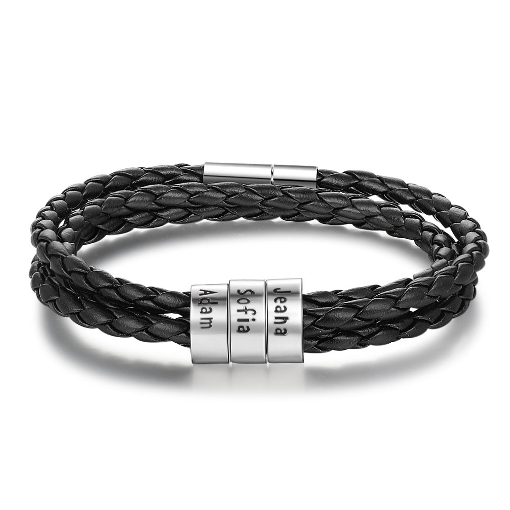 Personalized Mens Braided Genuine Leather Bracelet Stainless Steel Custom Beads Name Charm Bracelet For Men With Family Names