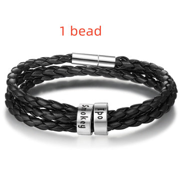 Personalized Mens Braided Genuine Leather Bracelet Stainless Steel Custom Beads Name Charm Bracelet For Men With Family Names