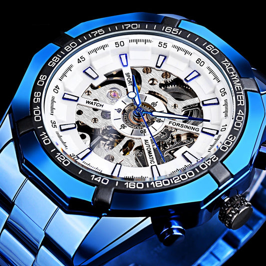 Casual Hollow Blue Plating Automatic Mechanical Watch