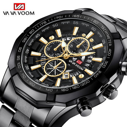 Steel Band Men's Three Eyes And Six Needles Luminous Calendar Waterproof Quartz Watch